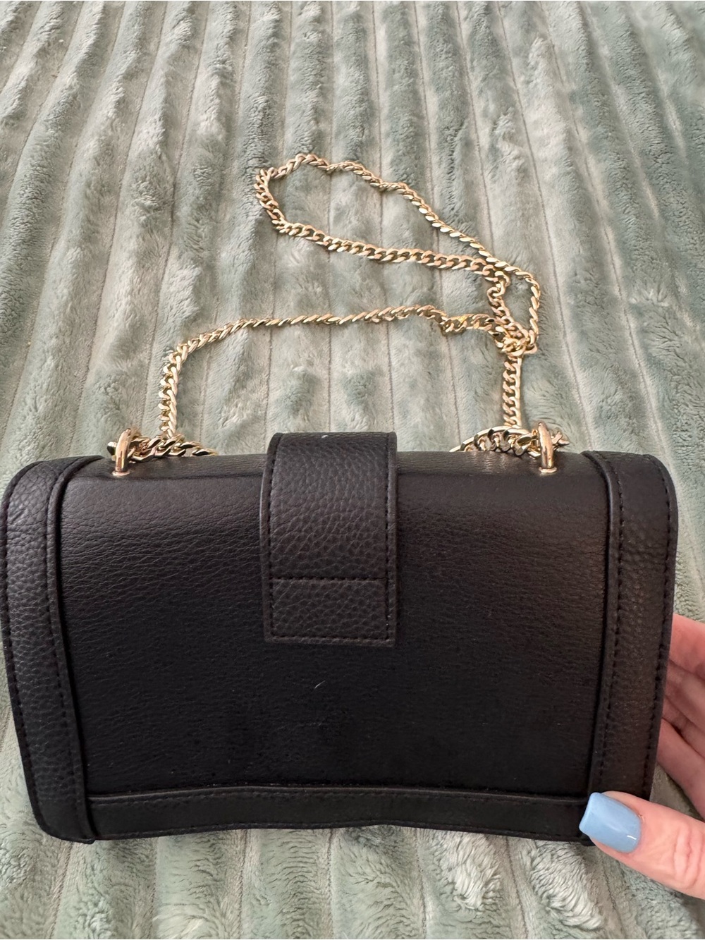 Black Leather Crossbody Bag with Gold Chain Strap